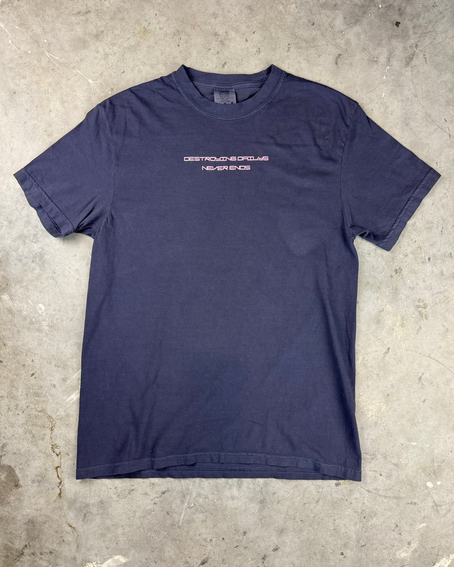 Front photo of Navy blue 100% cotton t-shirt featuring hand-drawn Porsche 911 GT3 RS designs with the text "Destroying Dailys The Pursuit of Perfection A Never Ending Journey," perfect for car enthusiasts.