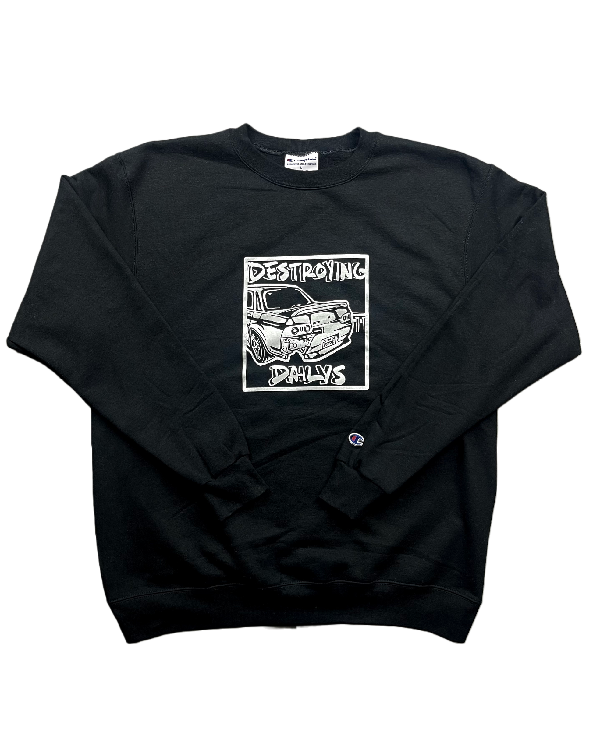 Black crewneck sweatshirt made of 50/50 cotton and polyester blend featuring a hand-drawn JDM Skyline R32 with the text "Destroying Dailys," perfect for car enthusiasts. JDM sweatshirt for car guys, Nissan Skyline sweatshirt