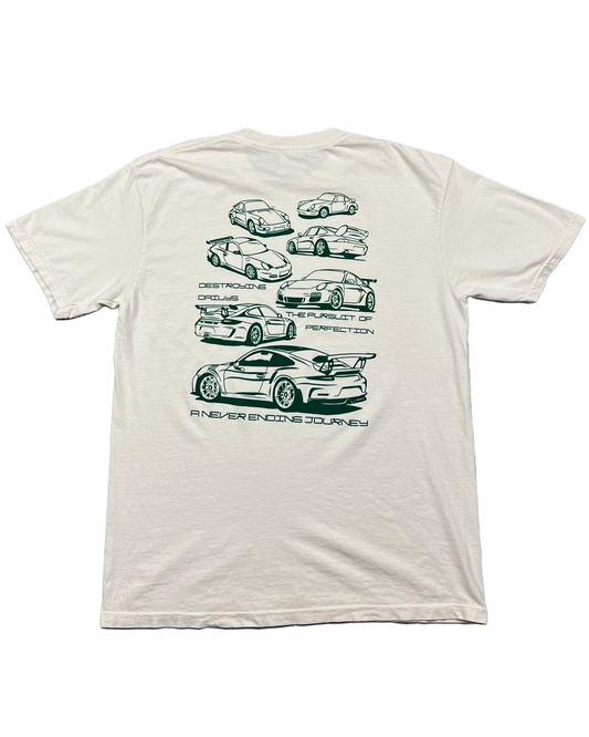 White 100% cotton t-shirt featuring green hand-drawn Porsche 911 GT3 RS designs with the text "Destroying Dailys The Pursuit of Perfection A Never Ending Journey," perfect for car enthusiasts.