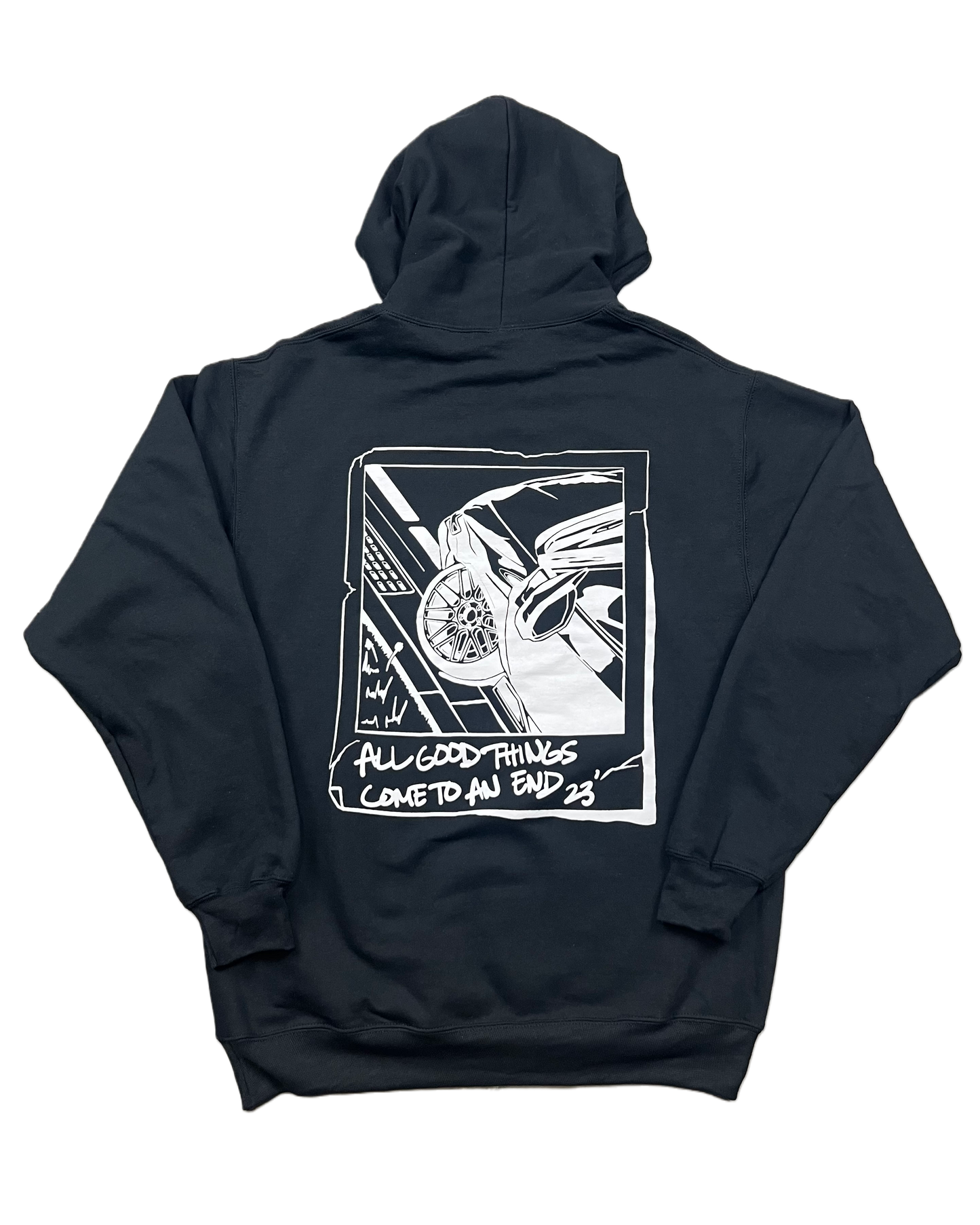 Black hoodie made of 50/50 cotton and polyester blend featuring a hand-drawn JDM car with the text "All Good Things Come to an End '23," perfect for car enthusiasts. Jdm hoodie for car guys