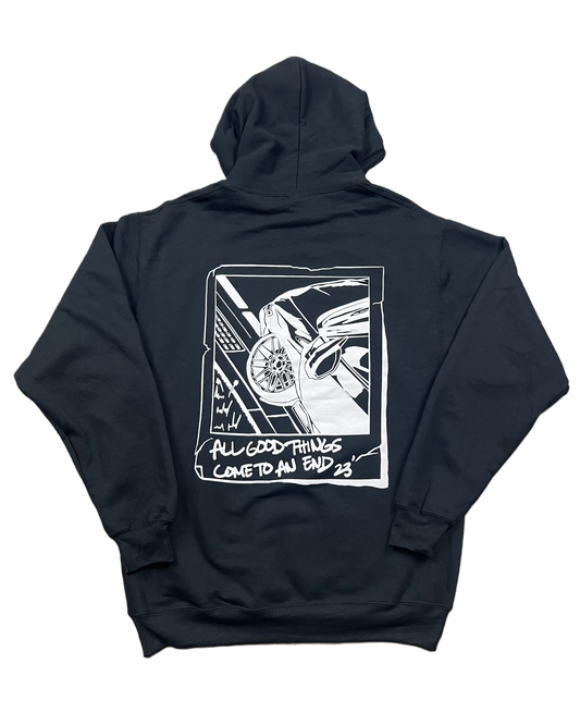 Black hoodie made of 50/50 cotton and polyester blend featuring a hand-drawn JDM car with the text "All Good Things Come to an End '23," perfect for car enthusiasts. Jdm hoodie for car guys