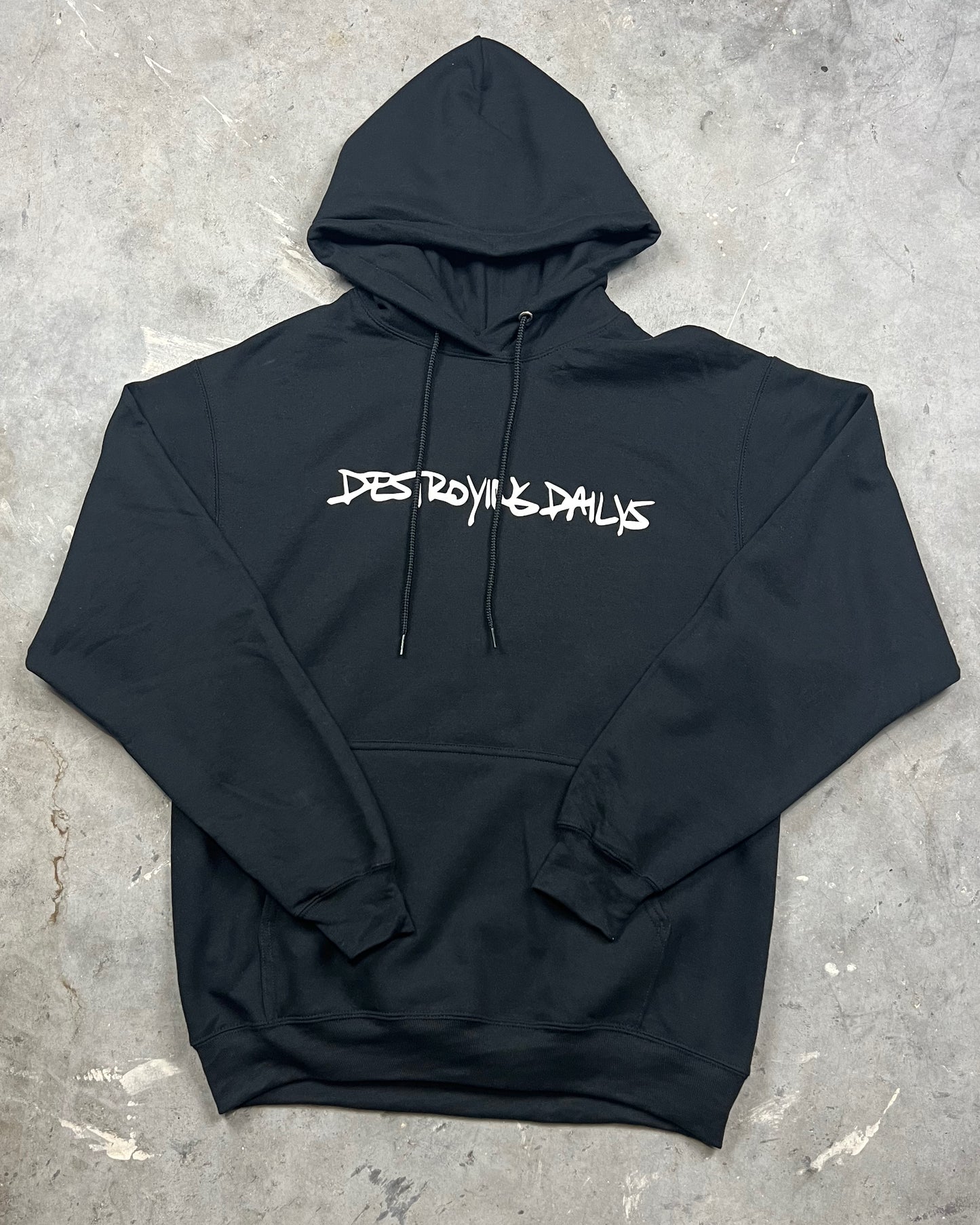 front view of Black hoodie made of 50/50 cotton and polyester blend featuring a hand-drawn JDM car with the text "All Good Things Come to an End '23," perfect for car enthusiasts. Jdm hoodie for car guys