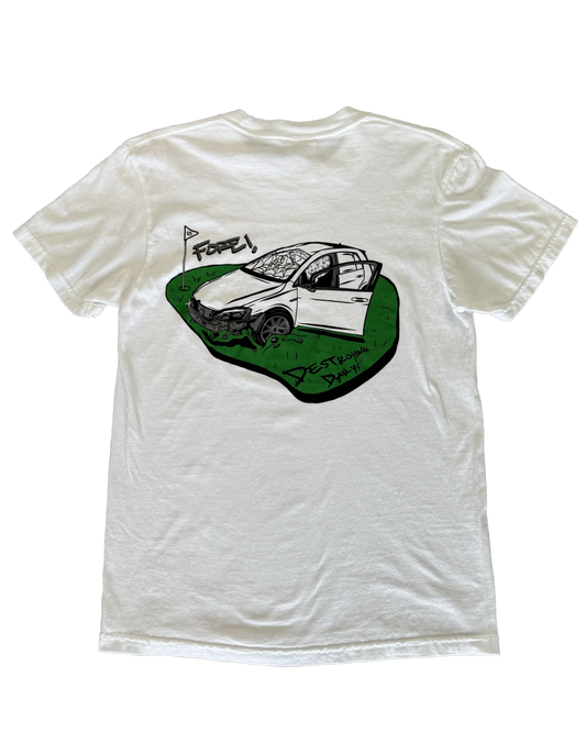 White 100% cotton t-shirt featuring a hand-drawn crashed Golf GTI on a golf course with the text "Fore! Destroying Dailys," perfect for car enthusiasts.