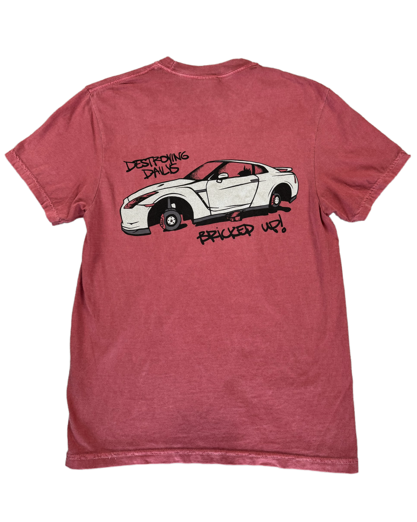 Red 100% cotton t-shirt featuring a hand-drawn Nissan GTR on bricks with the text "Destroying Dailys Bricked Up!" perfect for JDM enthusiasts. Funny Tee for Car guys