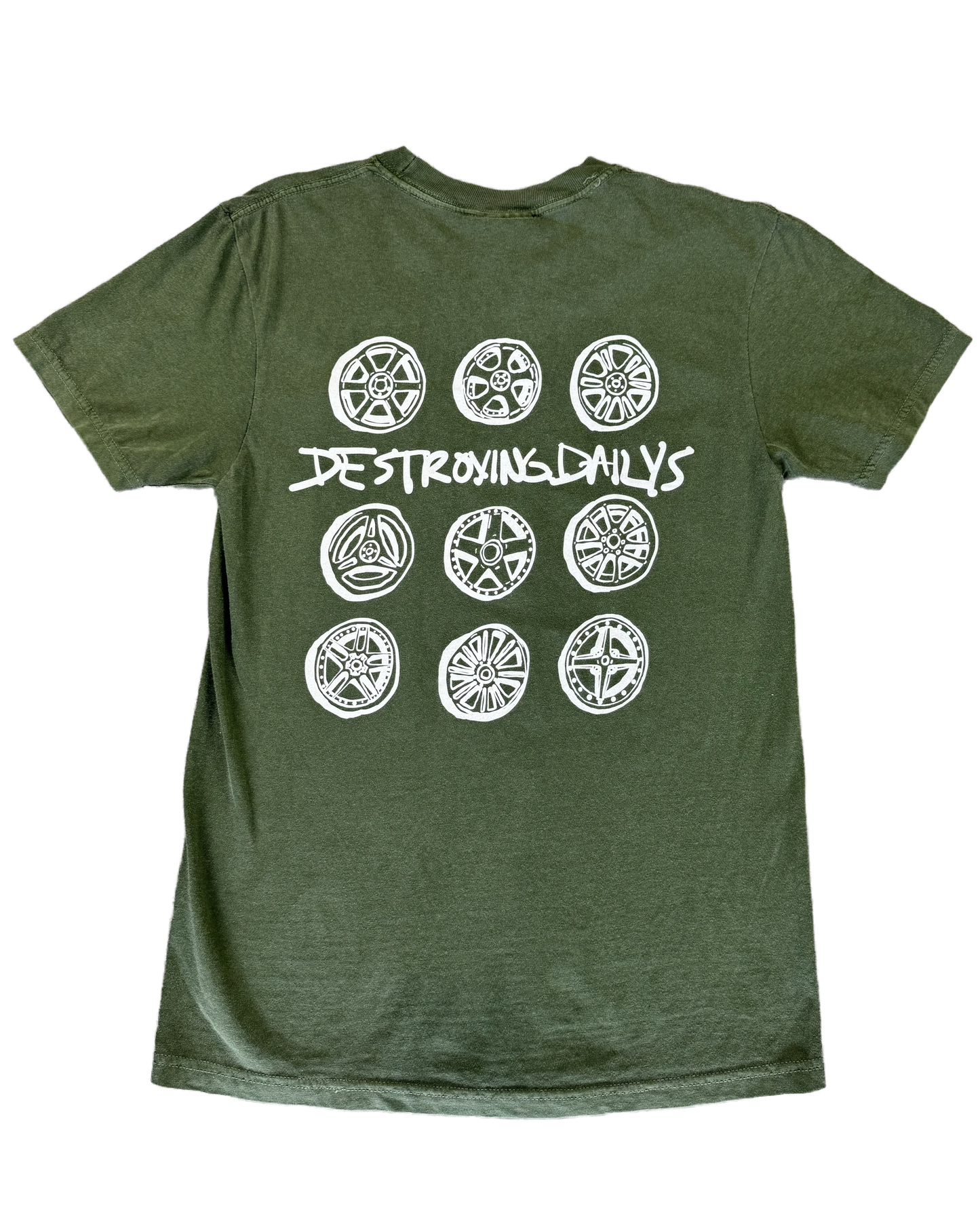 Green 100% cotton t-shirt featuring hand-drawn JDM wheels and the text "Destroying Dailys" on the back, perfect for JDM fans and car enthusiasts.