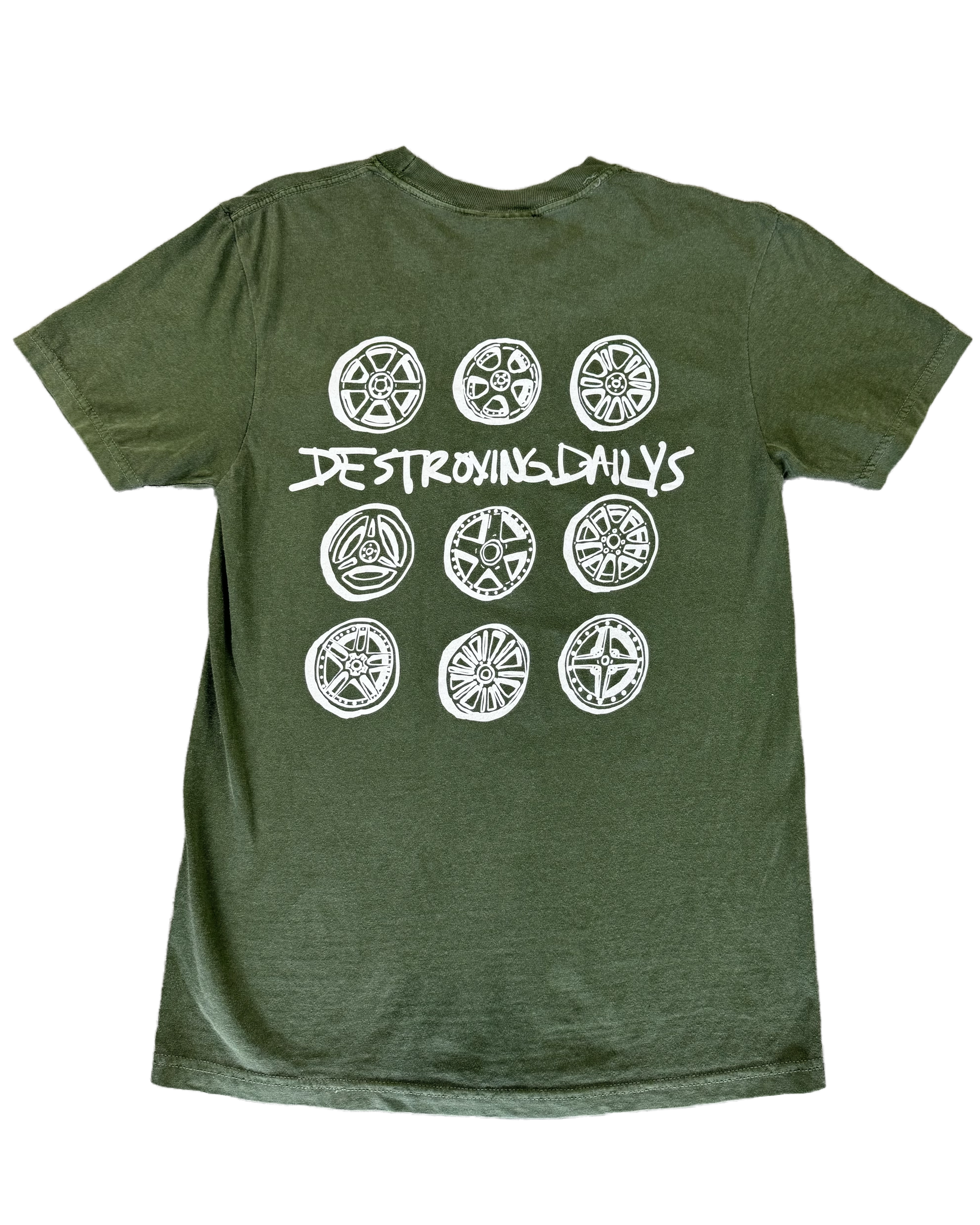 Green 100% cotton t-shirt featuring hand-drawn JDM wheels and the text "Destroying Dailys" on the back, perfect for JDM fans and car enthusiasts.