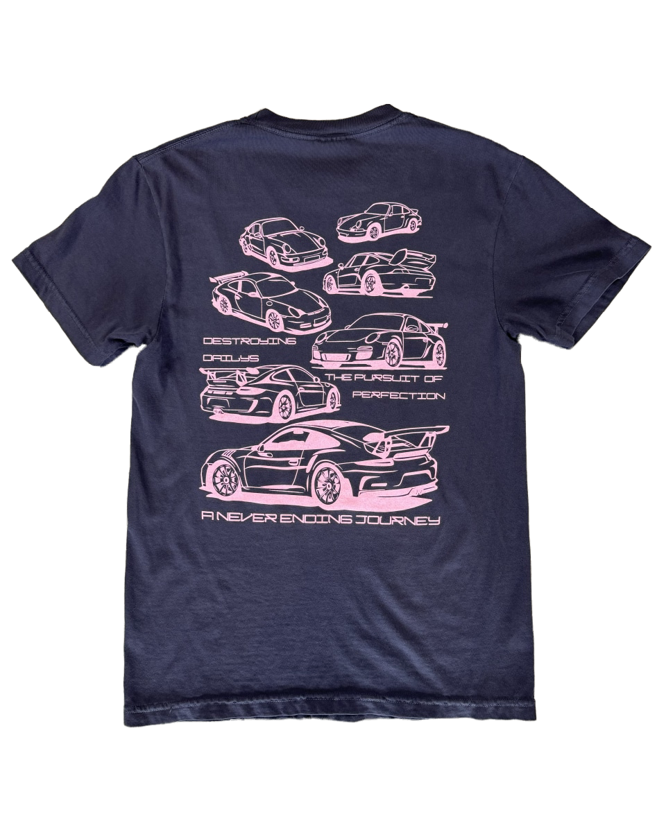 Navy blue 100% cotton t-shirt featuring hand-drawn Porsche 911 GT3 RS designs with the text "Destroying Dailys The Pursuit of Perfection A Never Ending Journey," perfect for car enthusiasts.