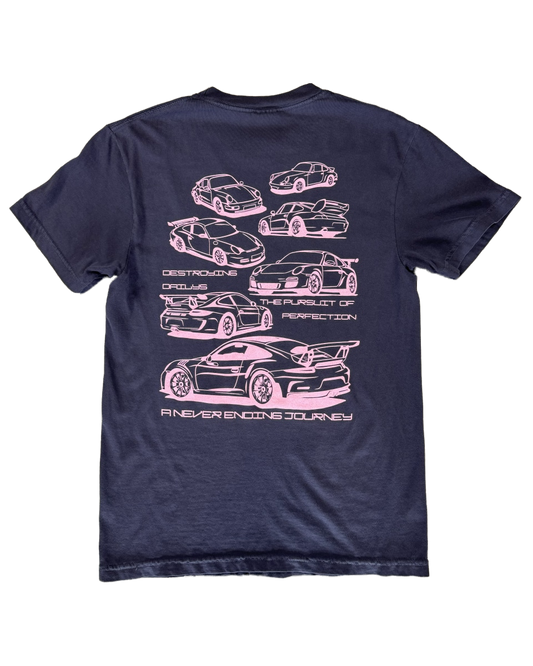 Navy blue 100% cotton t-shirt featuring hand-drawn Porsche 911 GT3 RS designs with the text "Destroying Dailys The Pursuit of Perfection A Never Ending Journey," perfect for car enthusiasts.