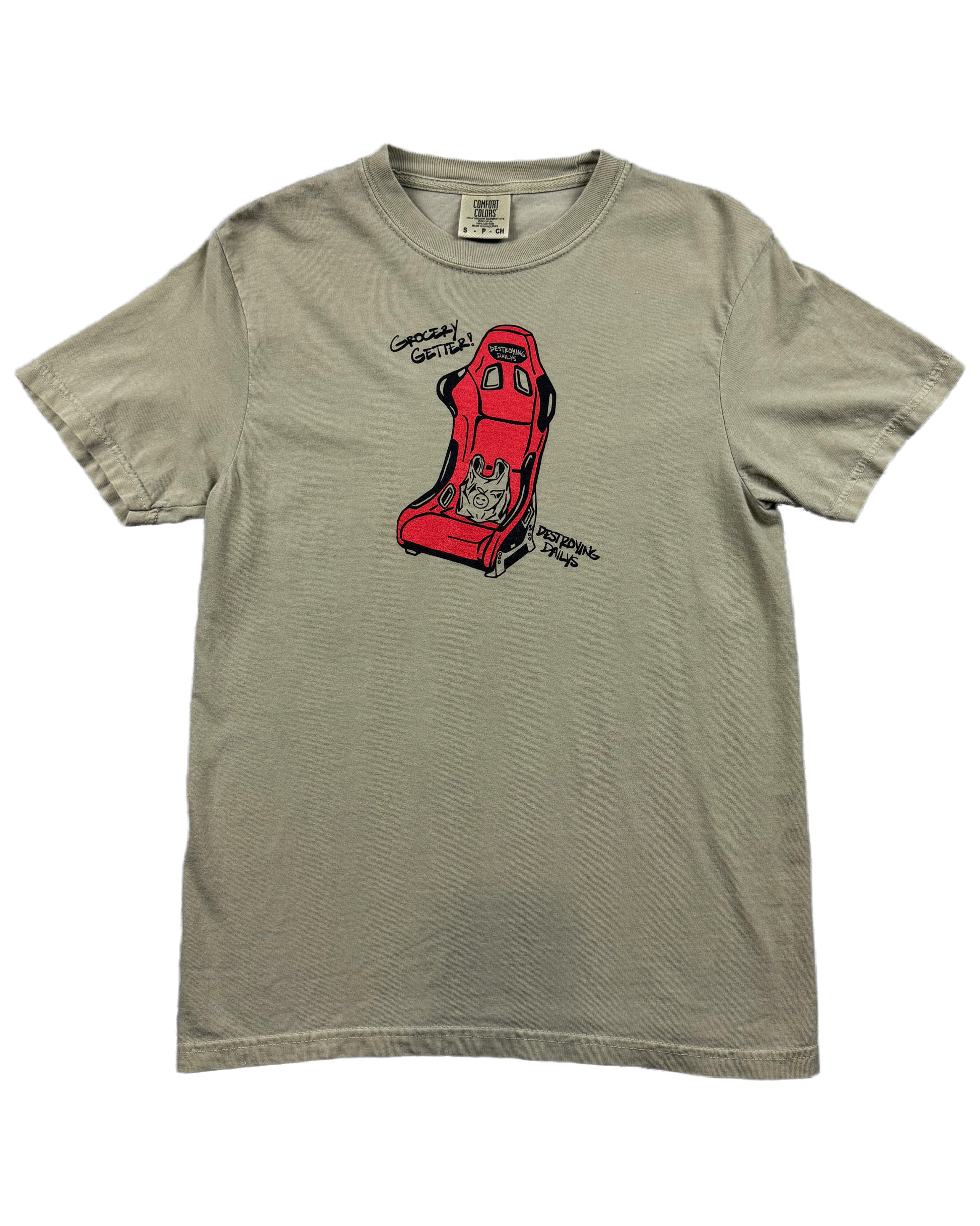 tan 100% cotton t-shirt featuring a hand-drawn red racing seat with a grocery bag and the text "Grocery Getter! Destroying Dailys," perfect for car enthusiasts. Funny car shirt for car enthusiasts