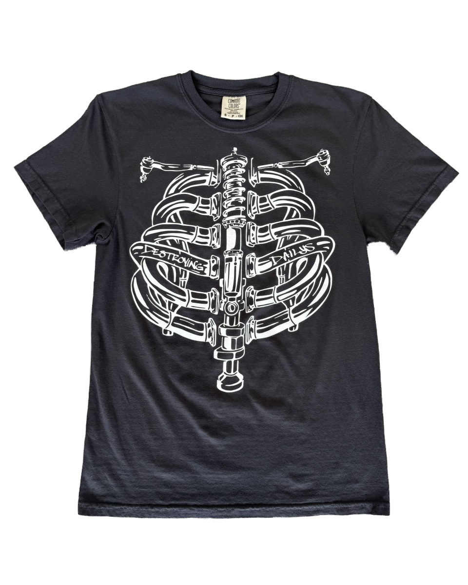 Black T-shirt featuring a hand-drawn design of a human ribcage made from various car parts. The design includes intricate details with text 'Destroying Dailys' incorporated into the ribs, appealing to car enthusiasts. Perfect for car fans, this T-shirt is made from soft 100% cotton, pre-shrunk, and garment dyed for a comfortable fit. Ideal for showcasing your passion for cars with a unique, artistic twist.