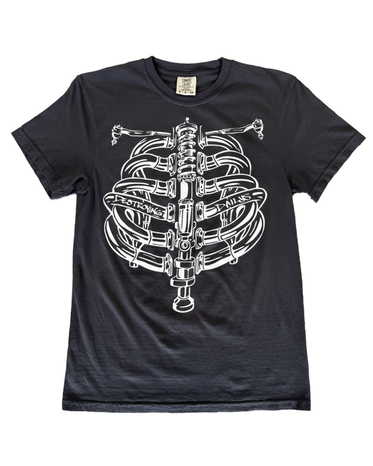 Black T-shirt featuring a hand-drawn design of a human ribcage made from various car parts. The design includes intricate details with text 'Destroying Dailys' incorporated into the ribs, appealing to car enthusiasts. Perfect for car fans, this T-shirt is made from soft 100% cotton, pre-shrunk, and garment dyed for a comfortable fit. Ideal for showcasing your passion for cars with a unique, artistic twist.