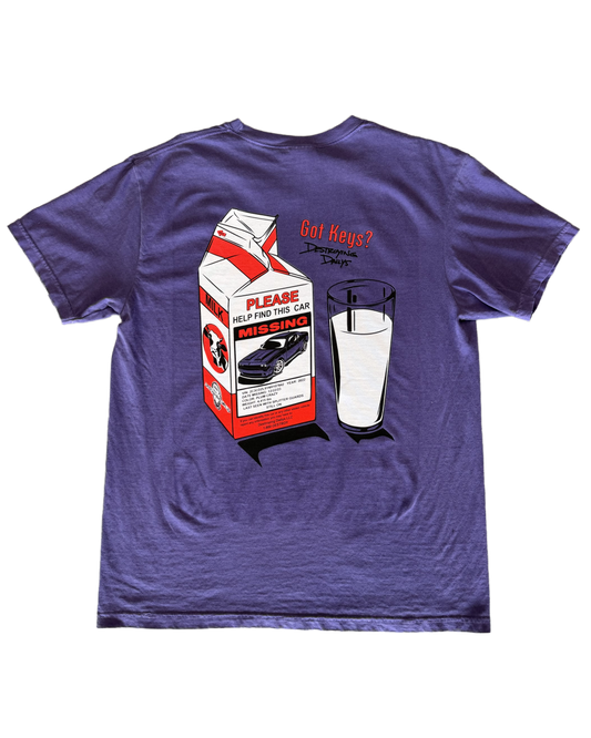 Purple hand-drawn dodge challenger hellcat T-shirt featuring a unique design of a missing Dodge Challenger Hellcat on a milk carton with a glass of milk. Text includes 'Got Keys?' and 'Destroying Days.' Made from soft 100% cotton, pre-shrunk, and garment dyed. Perfect for car enthusiasts and Dodge Challenger Hellcat fans. Comfortable casual wear with a creative, artistic touch. back of t shirt